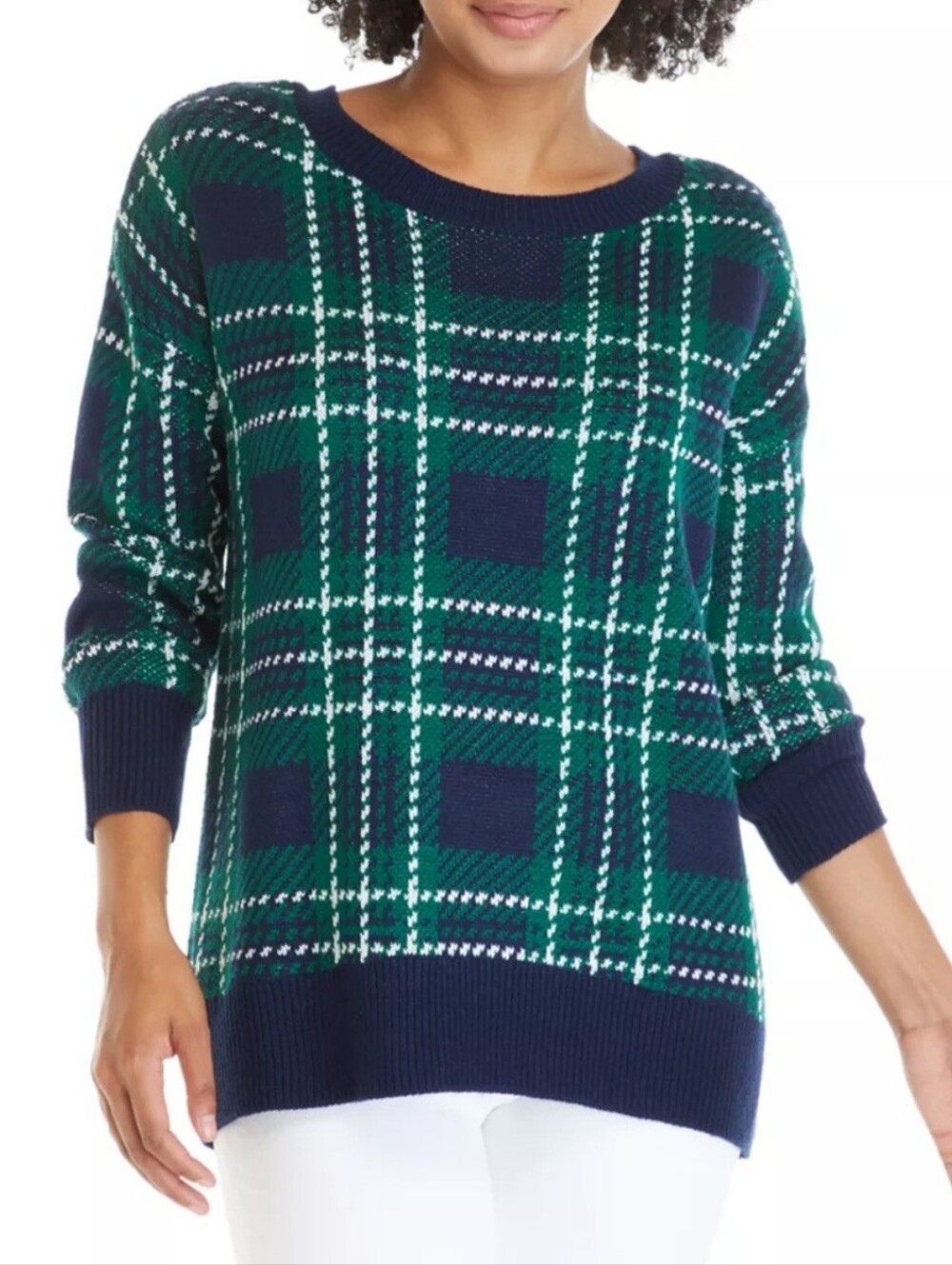 NWT Crown & Ivy Green Navy Plaid Ribbon Tie Back Sweater Size M